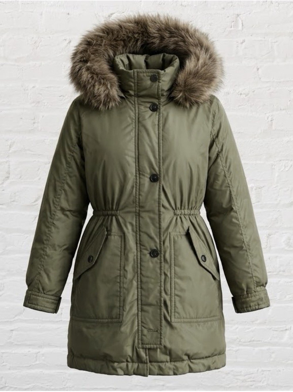 Banana Republic Water Resistant Puffer Parka Coat Faux Fur Hood Olive Green M